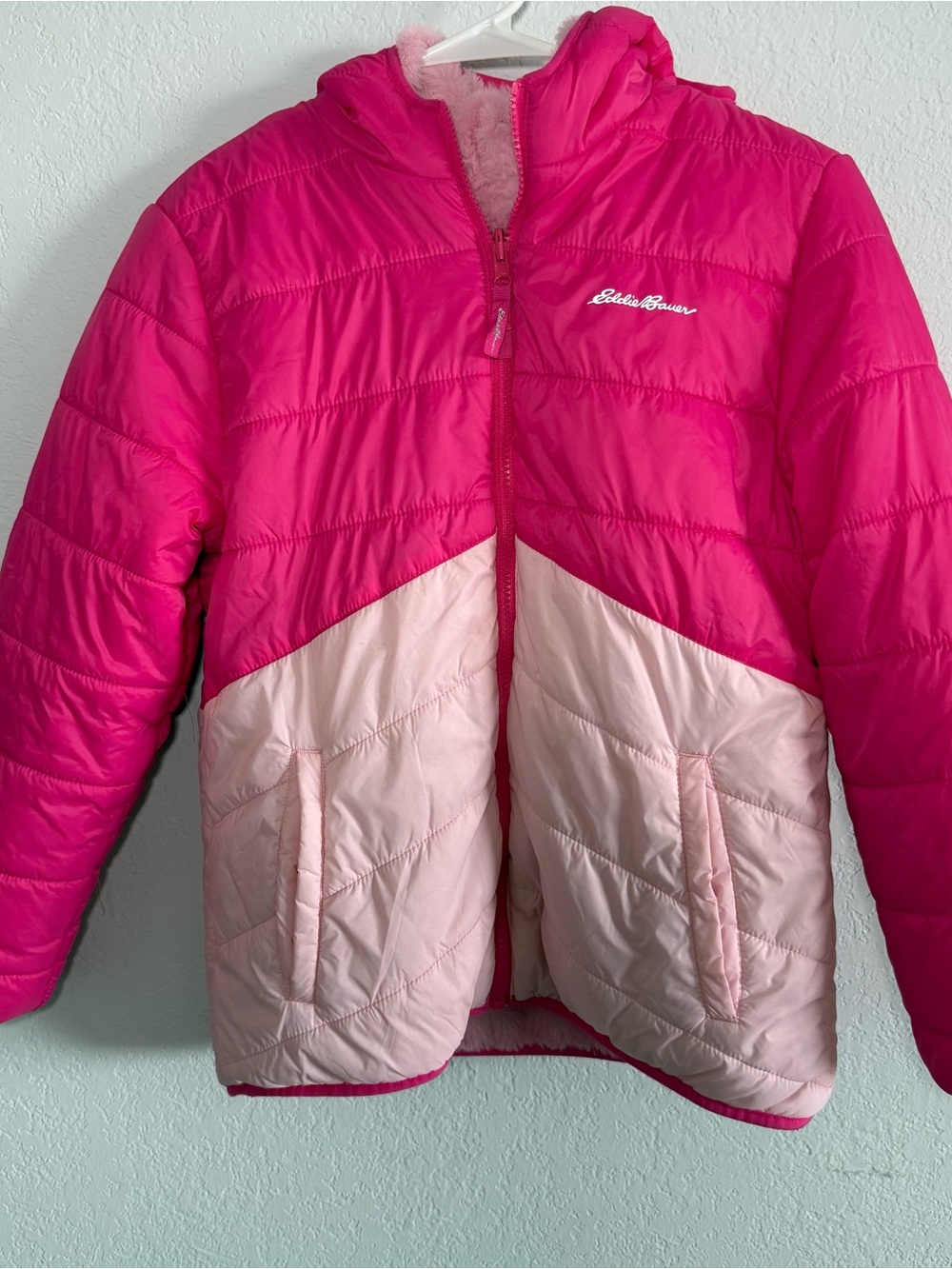 Eddie Bauer Jacket Kids Large 14-16 Pink White Hooded Down Puffer Winter Coat